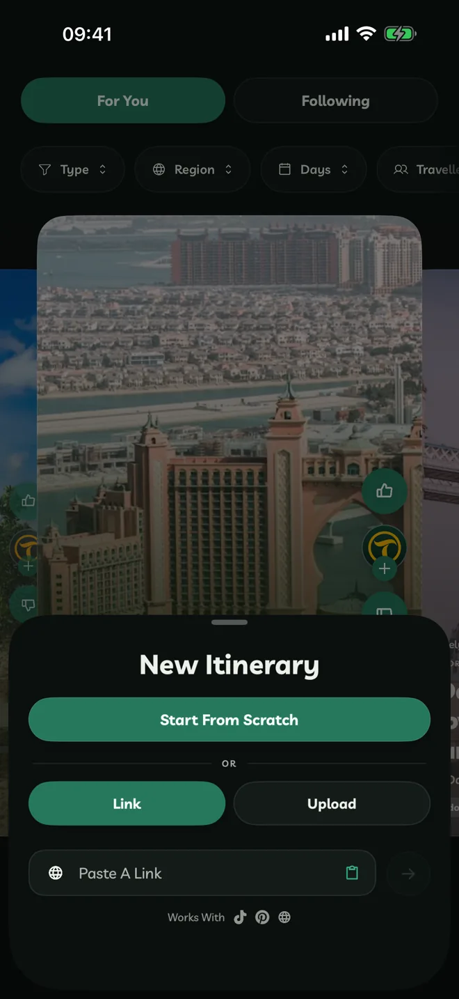 New Itinerary with Start From Scratch, and Link or Upload