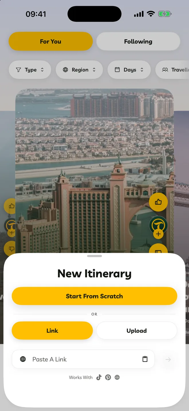 New Itinerary with Start From Scratch, and Link or Upload