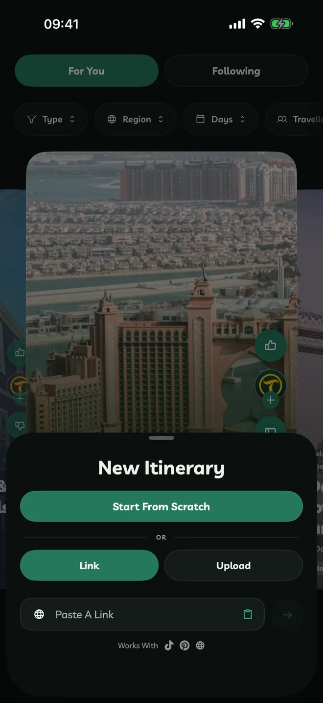 New Itinerary with Link selected and the Paste A Link field