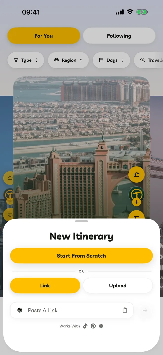 New Itinerary with Link selected and the Paste A Link field
