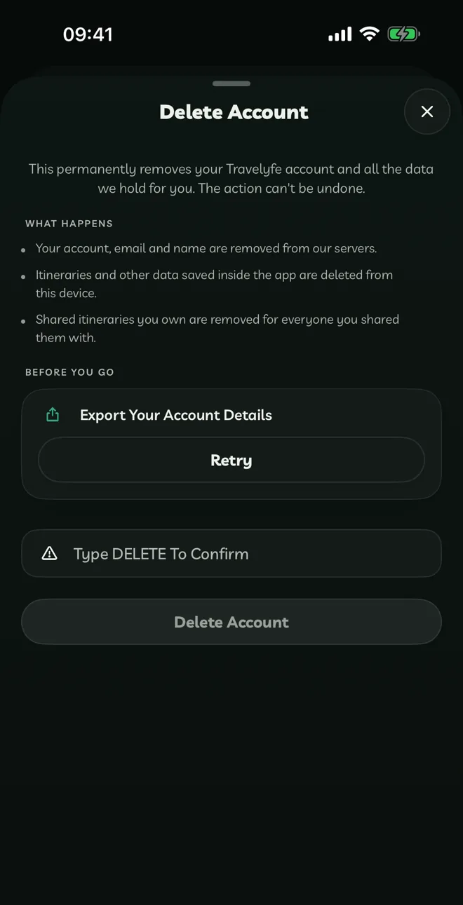 Delete Account with export and the confirmation field