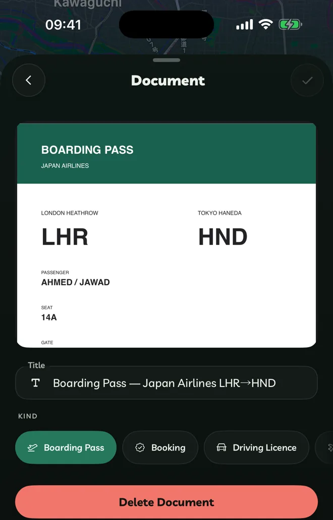 A boarding pass open in the document editor