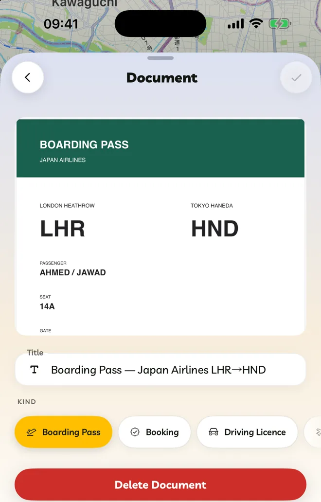 A boarding pass open in the document editor