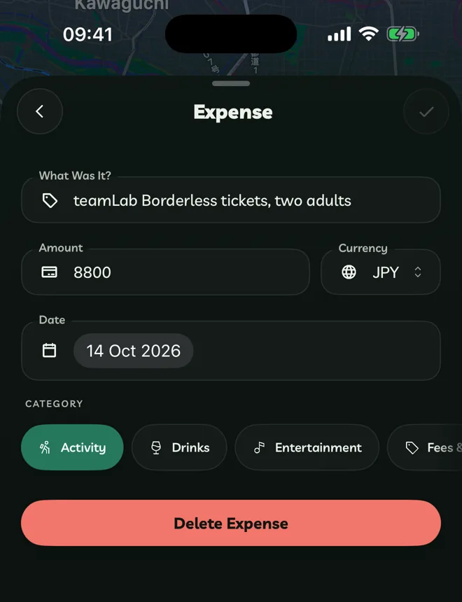 The expense editor with amount, currency and date