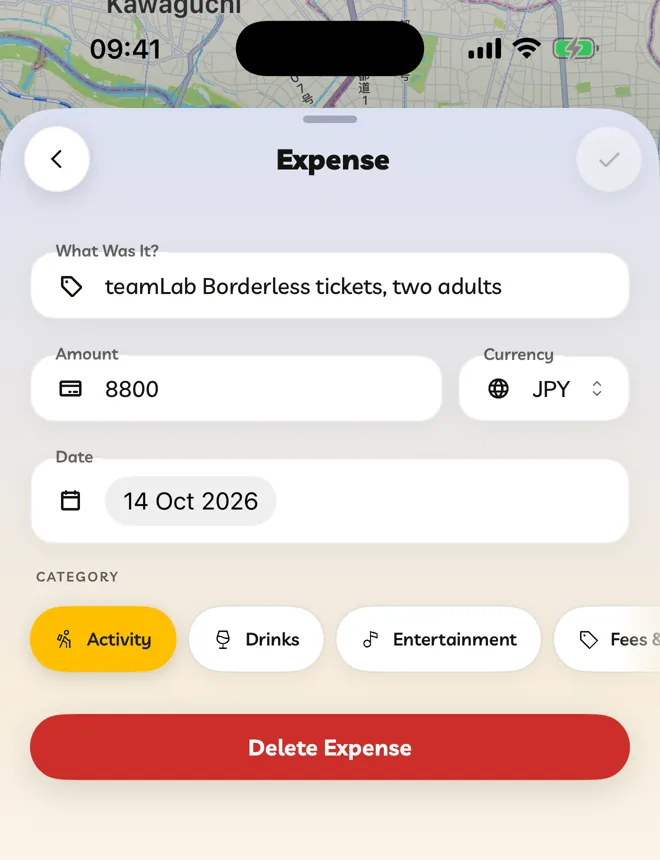The expense editor with amount, currency and date