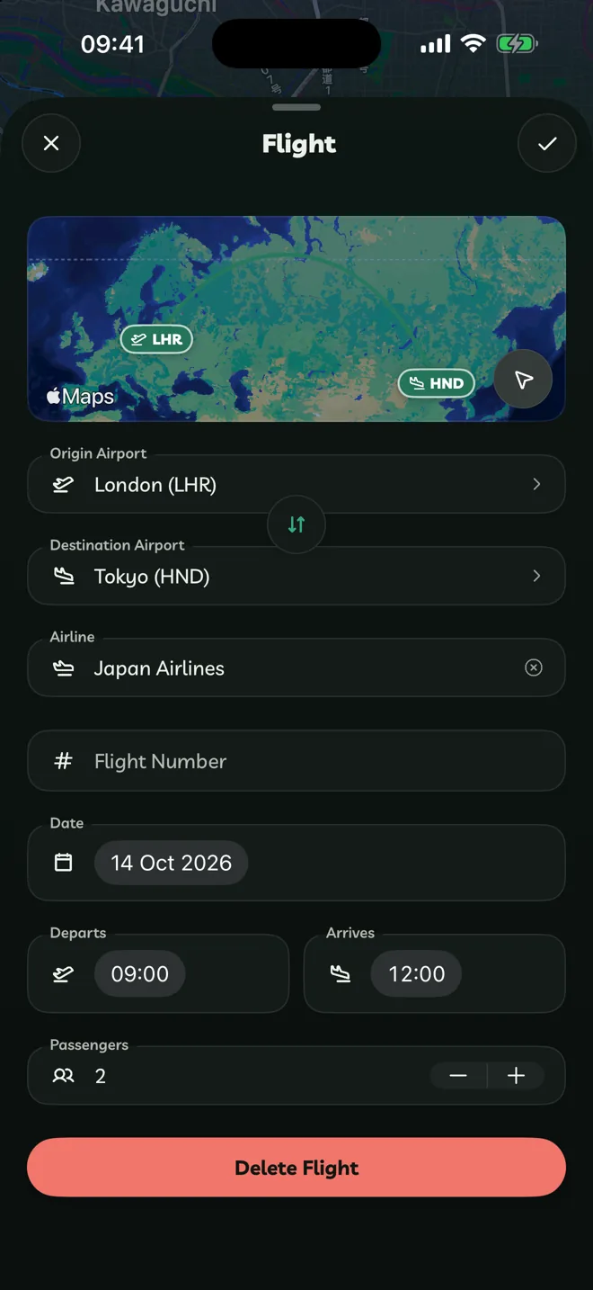 The Flight editor with airports, airline, flight number, times and passengers