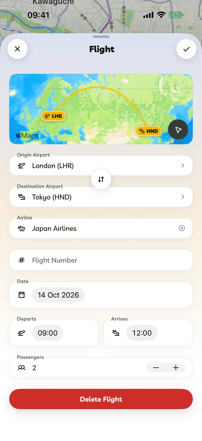 The Flight editor with airports, airline, flight number, times and passengers