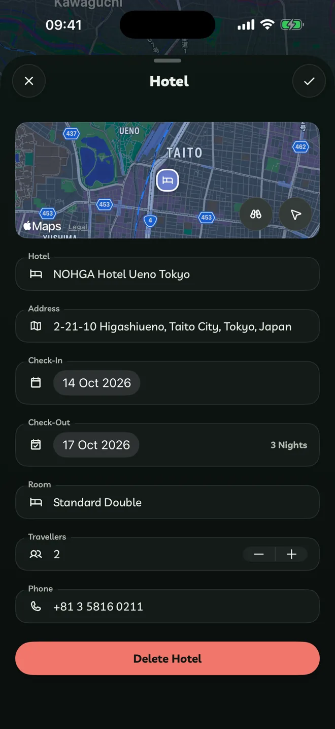 The Hotel editor with address, check-in and check-out dates, room and travellers