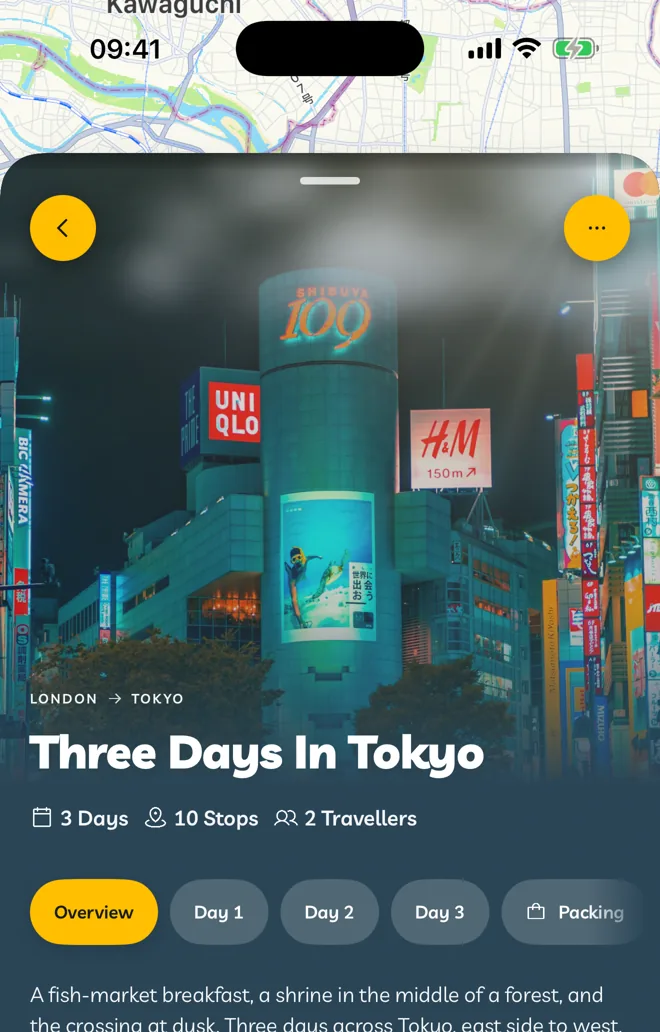 An itinerary in edit mode showing Going From, Going To, Title, Dates and Travellers