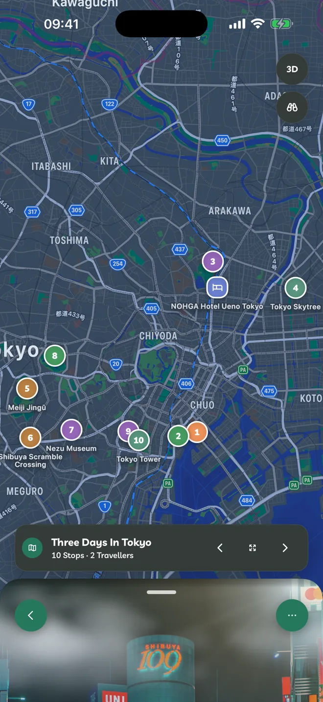 An itinerary's stops on a map, numbered in order
