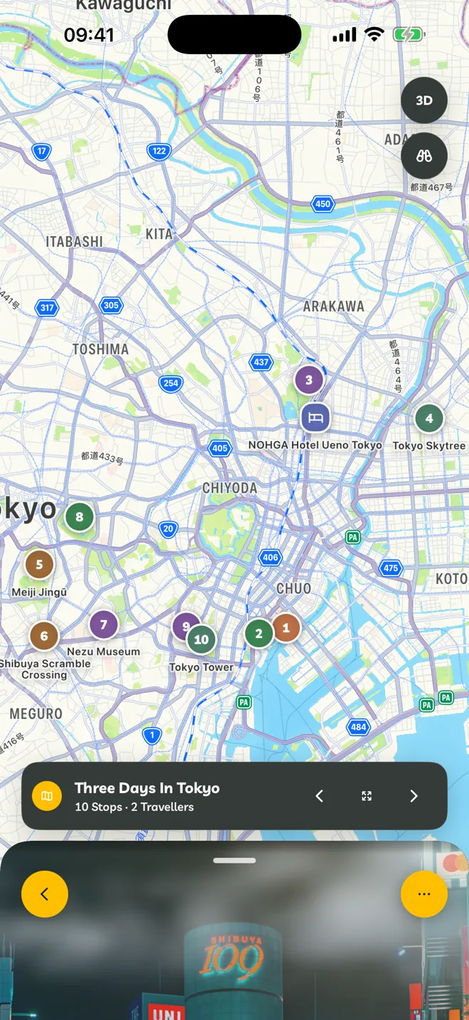 An itinerary's stops on a map, numbered in order