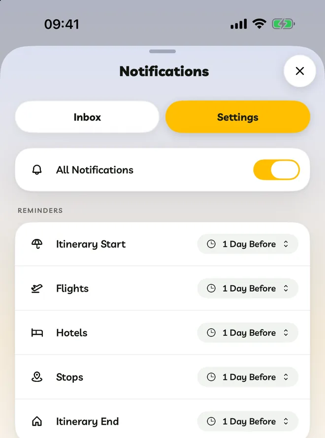 Notification settings with All Notifications and reminder lead times