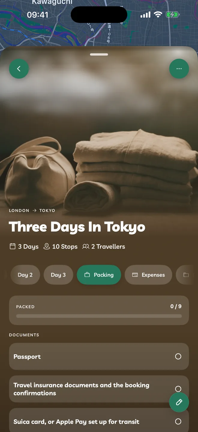 The Packing section of an itinerary