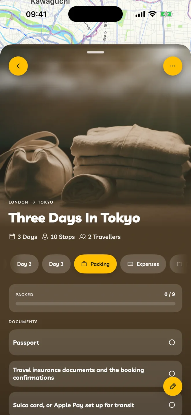 The Packing section of an itinerary