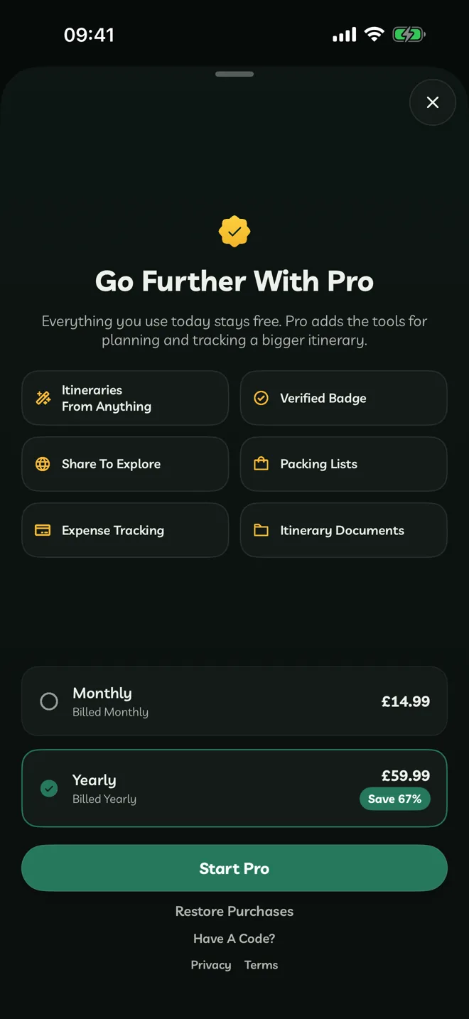 The Travelyfe Pro screen with benefits and Monthly and Yearly plans