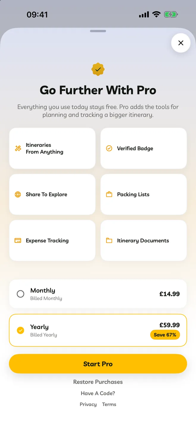 The Travelyfe Pro screen with benefits and Monthly and Yearly plans
