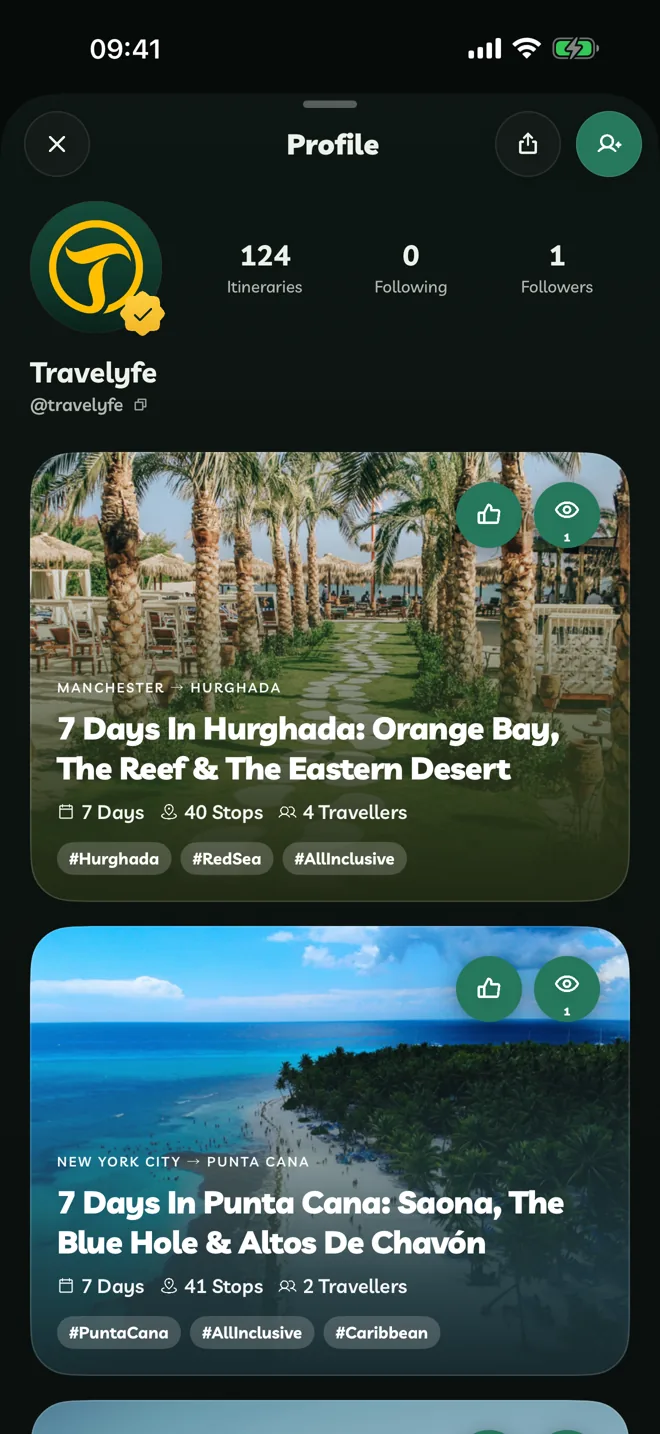A traveller's public profile with their itineraries
