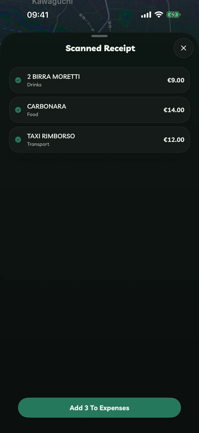 Scanned Receipt listing items and amounts