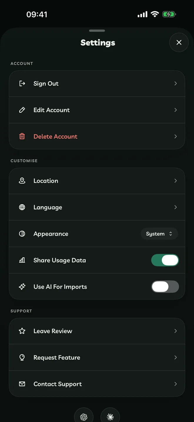 Settings with Share Usage Data and Use AI For Imports
