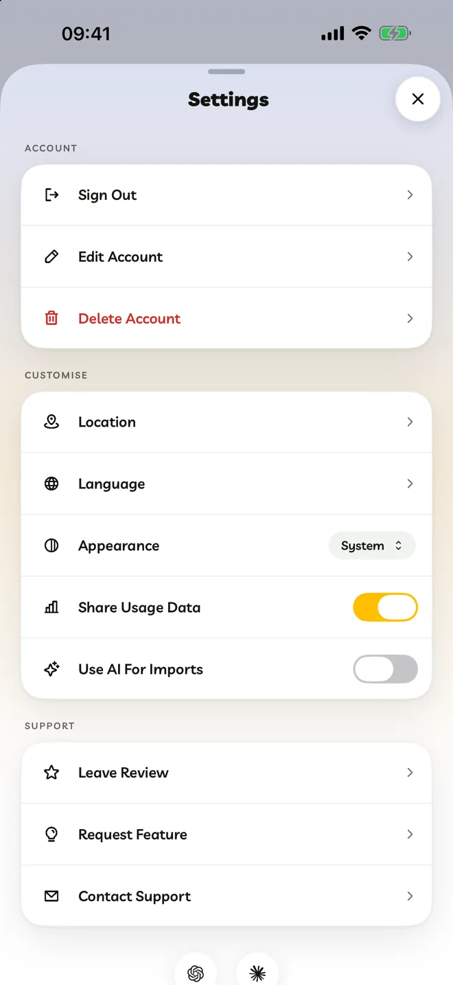 Settings with Share Usage Data and Use AI For Imports