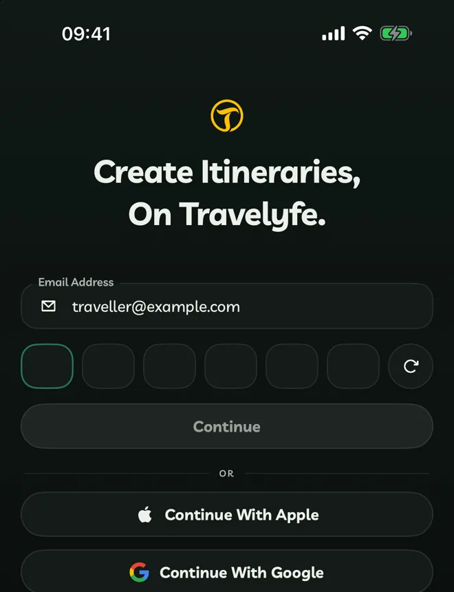 The code boxes under the email field, with the resend countdown on the right
