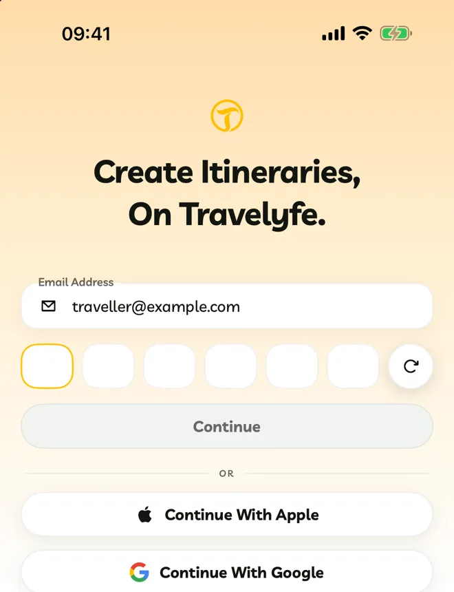 The code boxes under the email field, with the resend countdown on the right