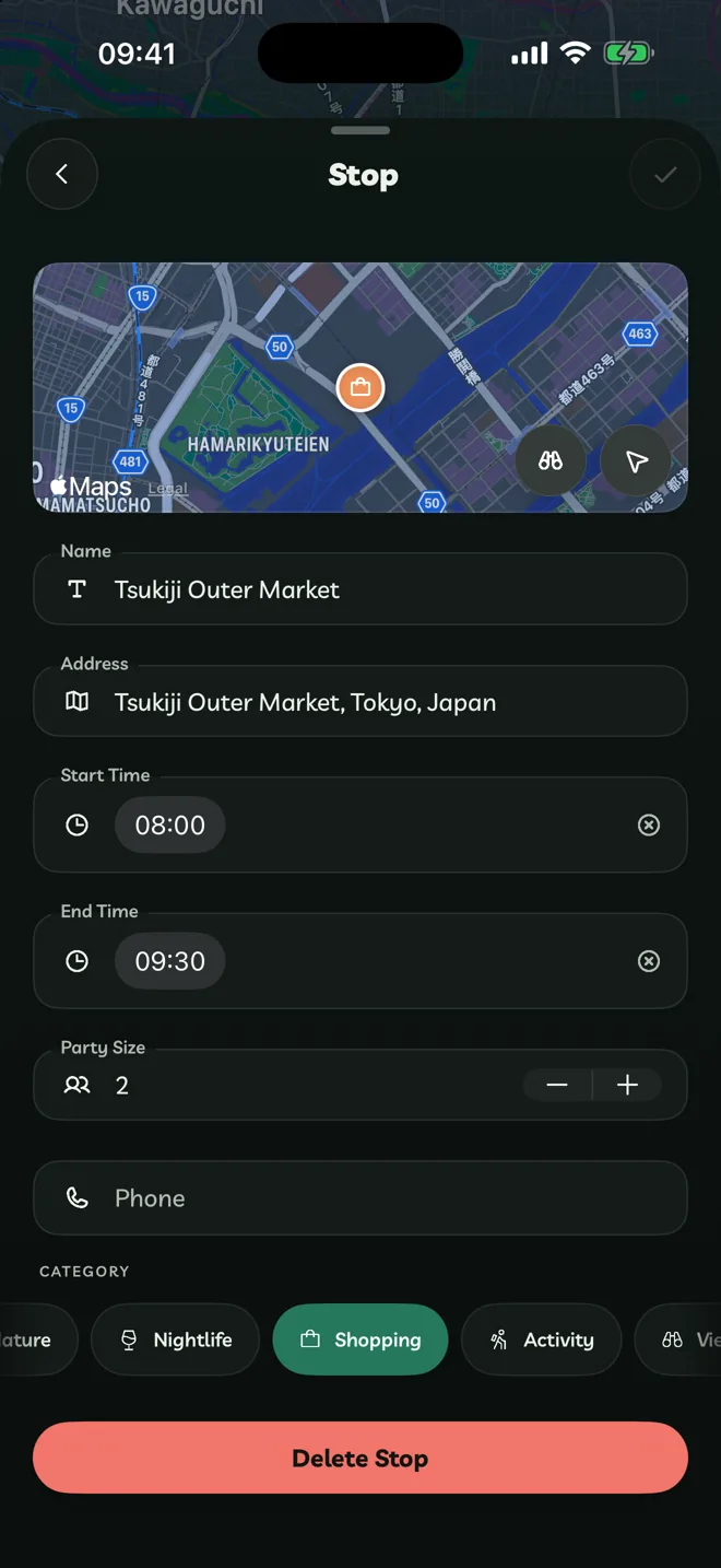The Stop editor with Name, Address, Start Time, End Time, Party Size, Phone and Category